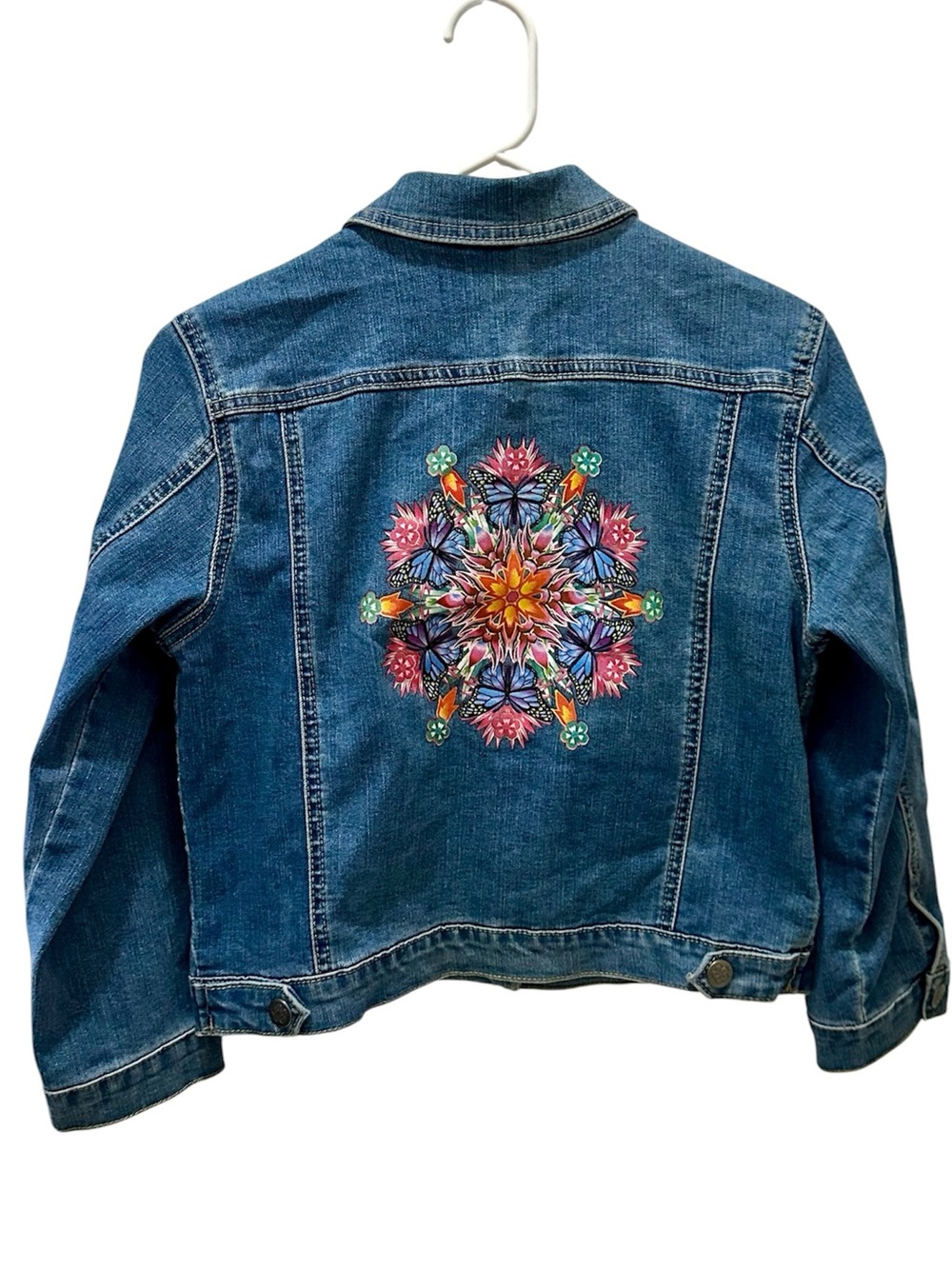Disney Encanto blue denim snap-up jacket butterfly floral mandala design L 10/12